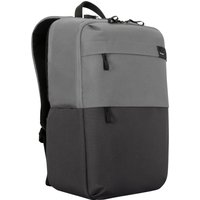Black and grey Targus Sagano 15.6" eco-friendly backpack with front zipper pocket and padded shoulder straps.