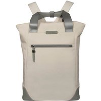 Beige Targus backpack with gray handles, front zipper pocket, and padded straps for 16" laptops.