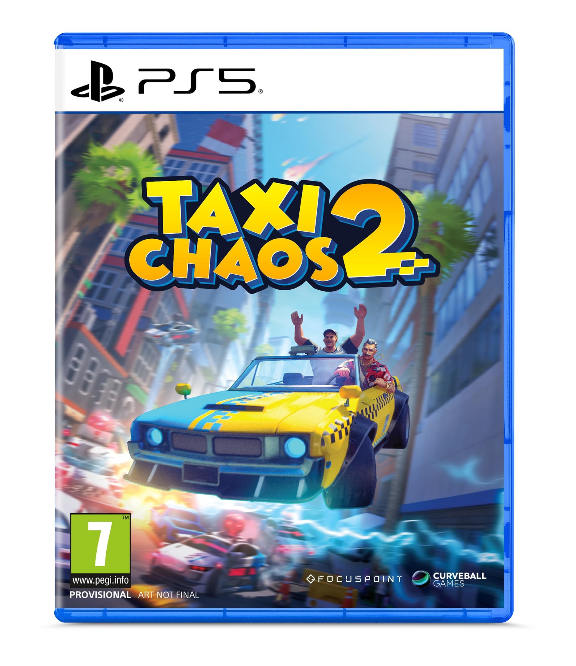 Bright blue PS5 game case featuring "Taxi Chaos 2" title, with a yellow taxi cab and two characters in an urban setting, vibrant colors, and a 7+ age rating label.