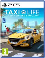 Cover features a bright yellow taxi in a city setting with palm trees, showcasing the title "Taxi Life: A City Driving Simulator" and the PS5 logo prominently.
