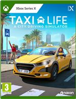 Yellow taxi cab on a city street with palm trees, featuring the game title "Taxi Life: a City Driving Simulator" prominently displayed on the green Xbox Series X case.