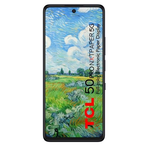 TCL 50 Pro NXTPAPER 5G smartphone in grey features a 6.8" full-color electronic paper display, dual SIM capability, 8 GB RAM, 512 GB storage, and a 5010 mAh battery.