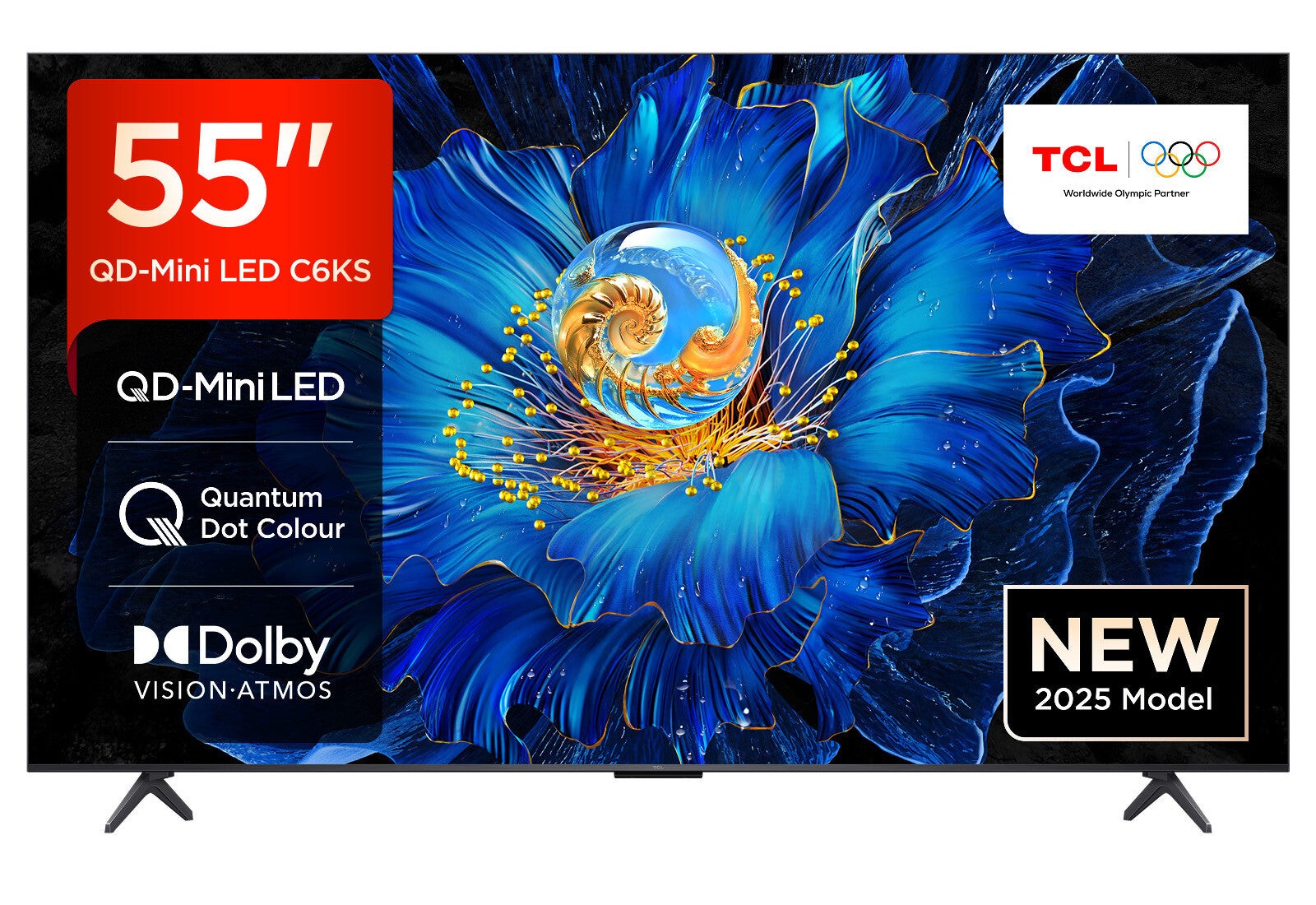 55-inch TCL QD-Mini LED TV featuring vibrant blue floral design, Quantum Dot Colour technology, and Dolby Vision Atmos, labeled as "NEW 2025 Model" with Olympic partnership logo.