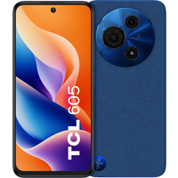 TCL 605 Quartz Blue smartphone, 6.7-inch display, triple rear cameras, orange and blue abstract screen design.