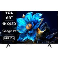 TCL 65-inch 4K QLED Smart TV with thin bezels, vibrant blue flower display, HDR10+, and Google TV logo.