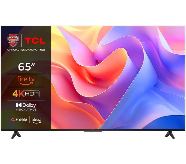 TCL 65PF650K 65" 4K Ultra HD Smart TV in titanium finish, featuring vibrant colors on the screen, Dolby Vision, and Alexa compatibility, with sleek black stand.