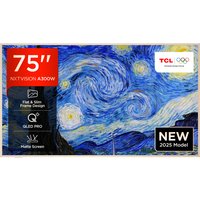 White TCL 75" 4K Ultra HD Smart TV with slim frame, Wi-Fi, and vibrant display featuring a starry night design.