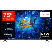 75-inch TCL 4K QD-MiniLED Smart TV with thin black bezel, vibrant blue floral display, and Dolby Vision Atmos logo.