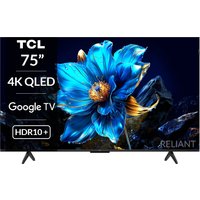 TCL 75P7K 75 Inch 4K QLED Smart TV with vivid blue flower display, HDR10+, and Google TV logo on sleek black frame.