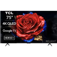 75-inch TCL 4K QLED Smart TV with thin bezels, displaying a vivid red rose on a black background.
