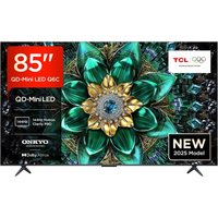 85" TCL QLED Mini-LED Smart TV with vibrant display, slim black bezels, and dual stand supports.