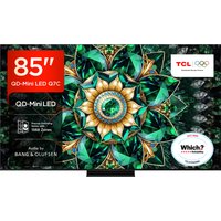 TCL 85-inch 4K Ultra HD Smart TV with thin metallic bezel and vibrant green geometric display pattern