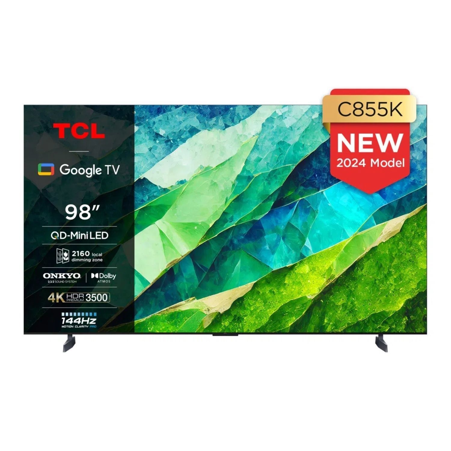 TCL 98-inch QD-MiniLED TV featuring vibrant green and blue abstract design, 4K resolution, 144Hz refresh rate, and Dolby sound, marked as the new 2024 model.