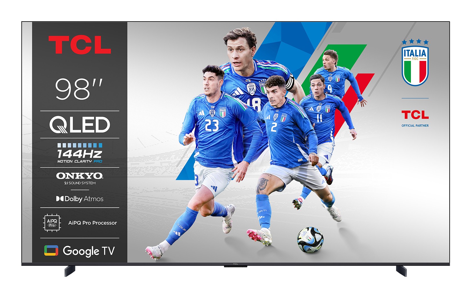 TCL 98P8K 98-inch QLED TV featuring a sleek black frame, displaying vibrant colors with athletes in blue jerseys, highlighting its 4K Ultra HD and Dolby Vision capabilities.