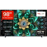 TCL 98" 4K QLED Mini-LED Smart TV with thin bezels, vibrant display, and sleek black stand.