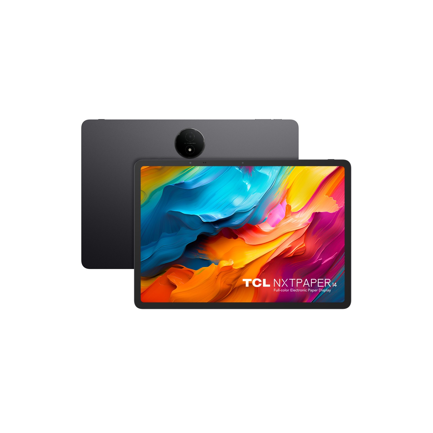 TCL NXTPAPER 14 tablet with a vibrant, colorful display, sleek black back, 14.3-inch screen, Mediatek processor, 256 GB storage, and 8 GB RAM, designed for Wi-Fi 5 connectivity.