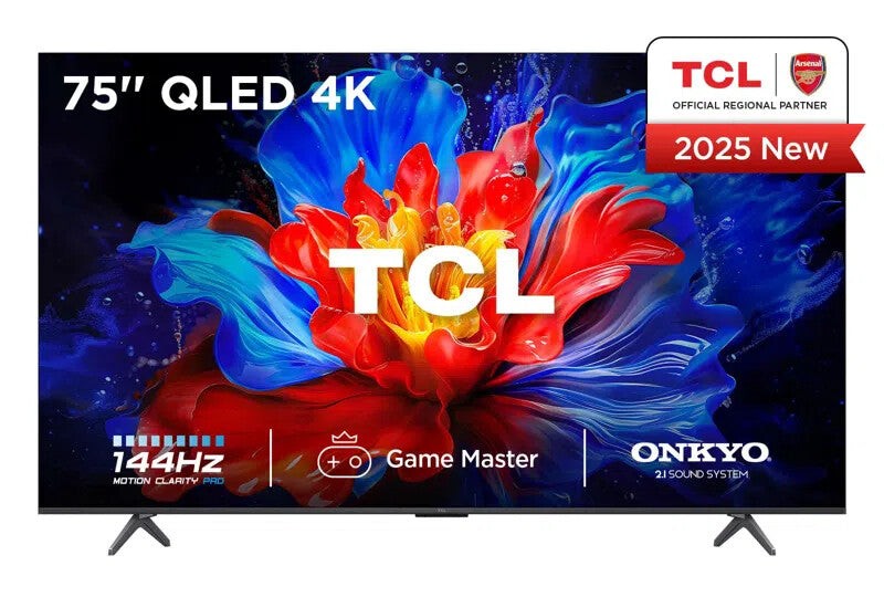 75-inch TCL P8K 4K QLED HDR Smart TV featuring a vibrant floral design on screen, with a sleek black frame, and labeled with "Game Master" and "Onkyo 2.1 Sound System" logos.