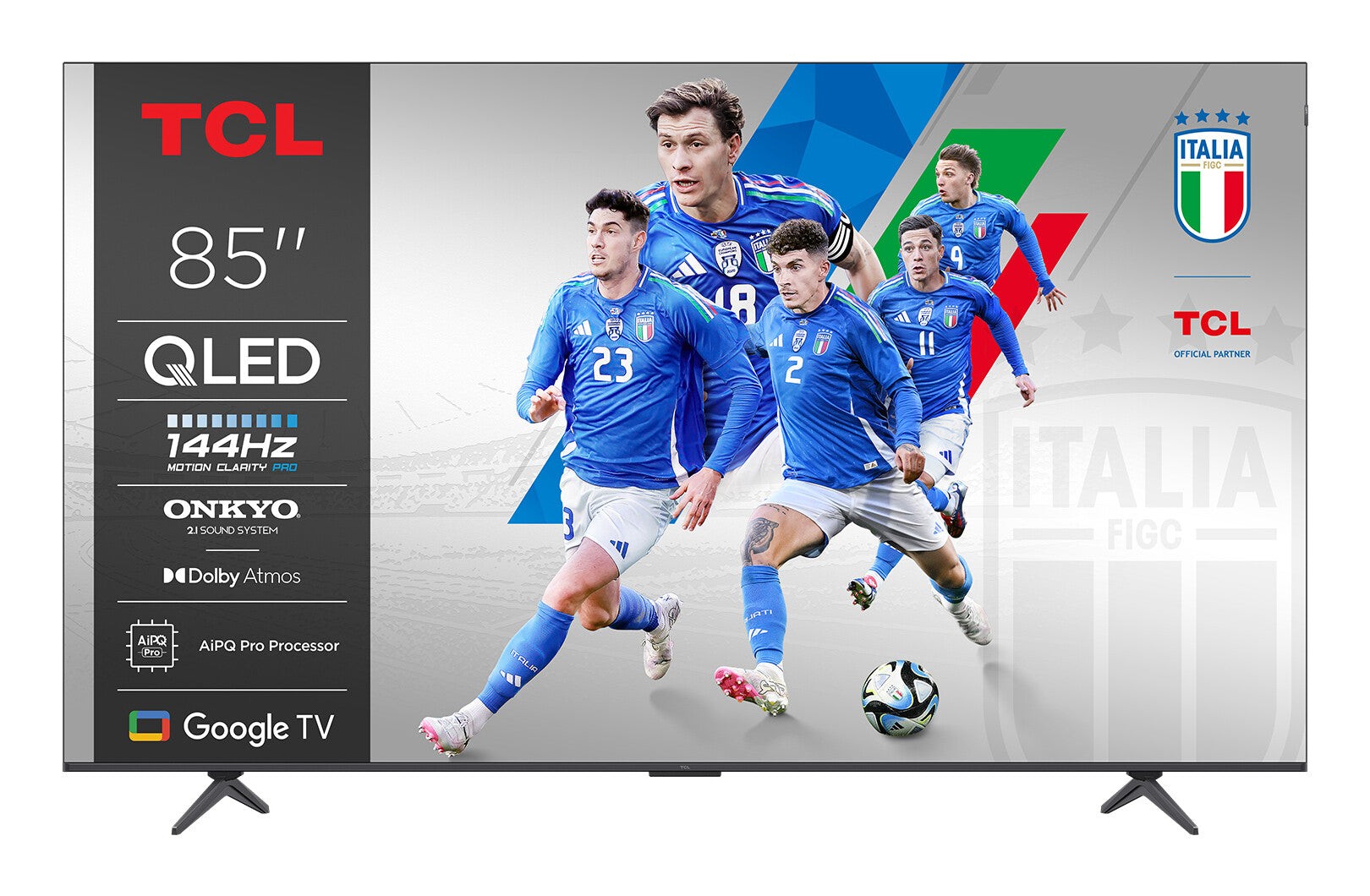 TCL P8K 85" 4K QLED HDR Smart TV featuring a sleek black frame, displaying vibrant images of soccer players in blue uniforms, with logos for Google TV and Dolby Atmos.