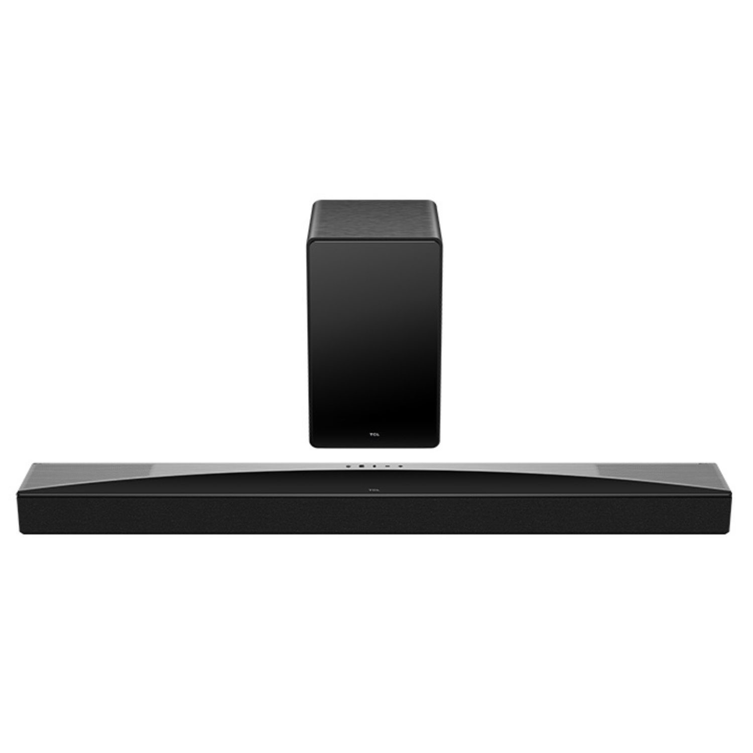 Sleek black TCL Q75H Q Class sound bar with a curved design, featuring Dolby Atmos Ray Danz technology, paired with a compact wireless subwoofer.