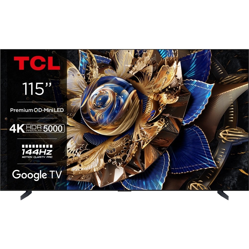 115-inch QLED 4K TV with a brushed titanium metal front, featuring vibrant colors and intricate floral design on the screen, showcasing premium QD-MiniLED technology.