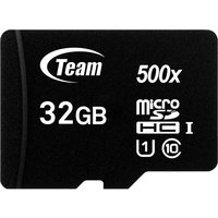 Black Team Group 32GB Micro SDHC card, UHS-I, Class 10, with white text and 500x speed rating.