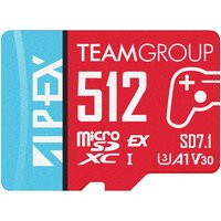 Red and blue Team Group 512GB Apex SD7.1 MicroSDXC Express Card with white text and game controller icon.