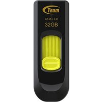 Black and yellow Team Group C145 USB flash drive, 32GB, USB Type-A 3.2 Gen 1, with a sliding cover design.