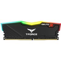Black Team Group DELTA RGB memory module with colorful LED strip and T-Force logo.