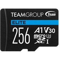 Black Team Group ELITE 256 GB MicroSDXC card with white text and blue accent, UHS-I, A1, V30, U3 logos.