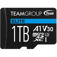 Black Team Group ELITE A1 1TB MicroSDXC card with blue stripe, white text, and UHS-I V30 markings.