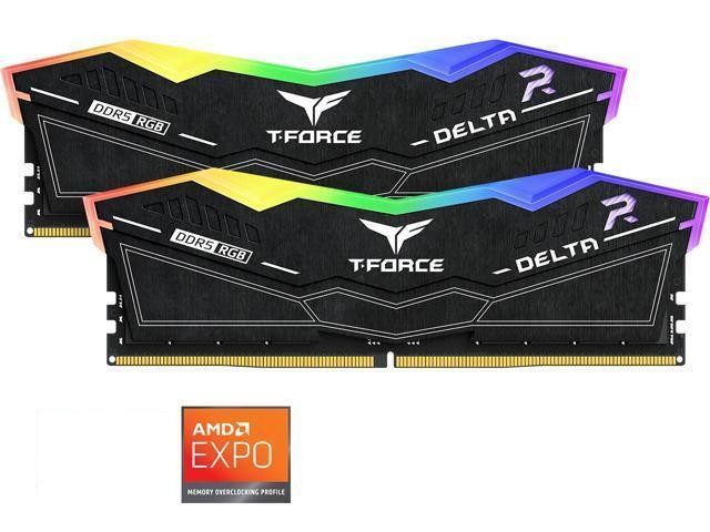 Two black RAM modules with RGB lighting, labeled "T-FORCE DELTA," featuring a sleek design and a prominent logo, designed for high-performance gaming at 6400MHz.
