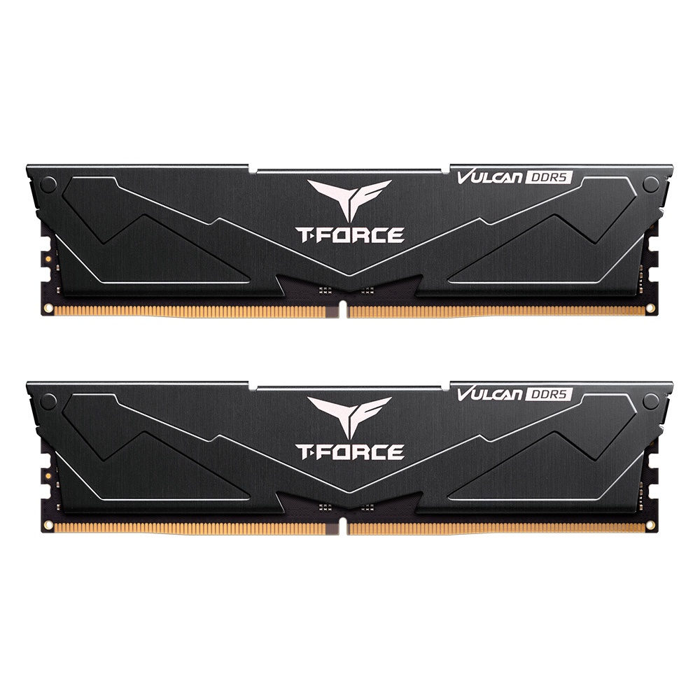 Black and silver dual memory module set featuring "T-FORCE VULCAN DDR5" branding, with a sleek design and gold contacts, each module labeled as 32 GB (2 x 16 GB).