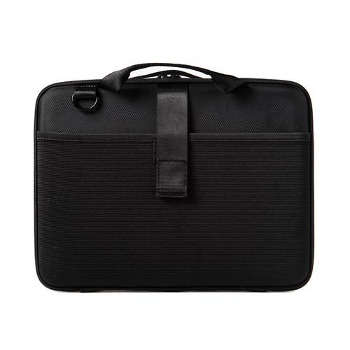 Black, textured fabric Chromebook case with a sturdy handle and a secure strap, designed for 11-12” devices, featuring a sleek, minimalist design.