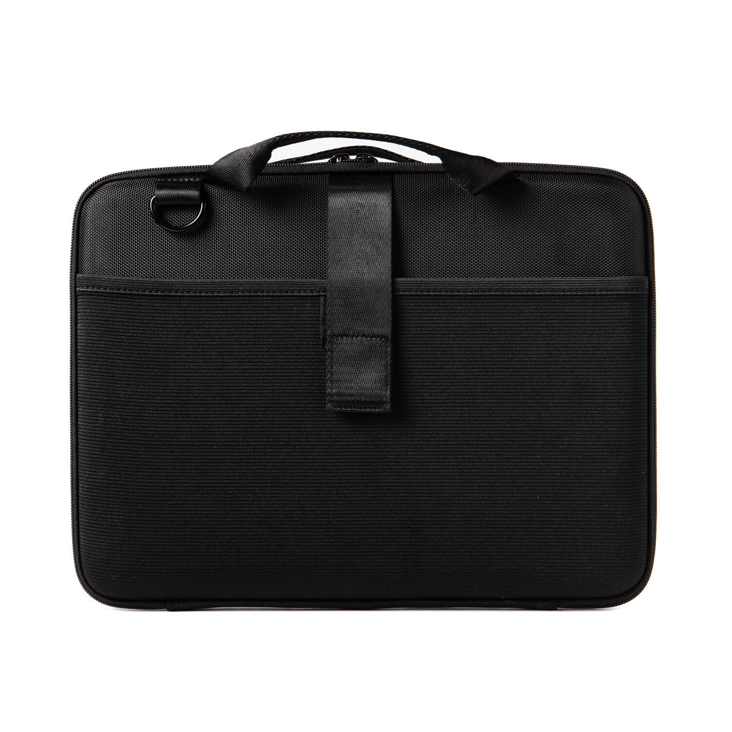 Black, textured Chromebook case designed for 13-14” devices, featuring a sturdy handle, secure zip closure, and a front pocket for additional storage.
