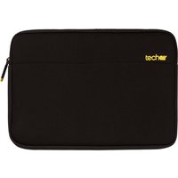 Black Techair neoprene sleeve with yellow logo, designed for 10-11.6" laptops, featuring a zippered closure.