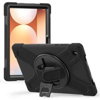 Black rugged Samsung Tab A11+ case with military-grade drop protection and adjustable hand strap.