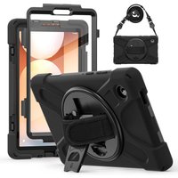 Black rugged case for Samsung Tab A11+ with kickstand, hand strap, and detachable shoulder strap.