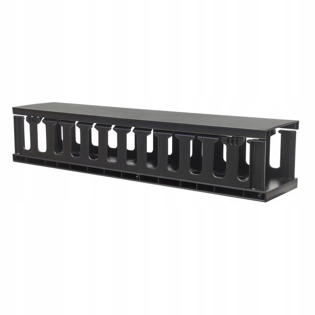 Black 19" 2U cable management panel with multiple openings for organized wiring, made of durable plastic for easy installation in server racks.