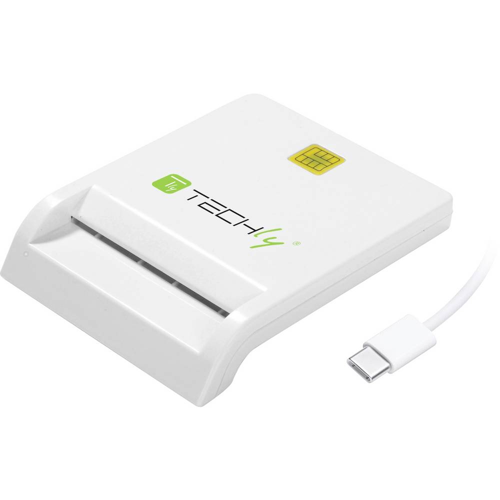White USB 2.0 smart card reader with a sleek design, featuring a gold chip slot and a white USB-C cable for easy connectivity.