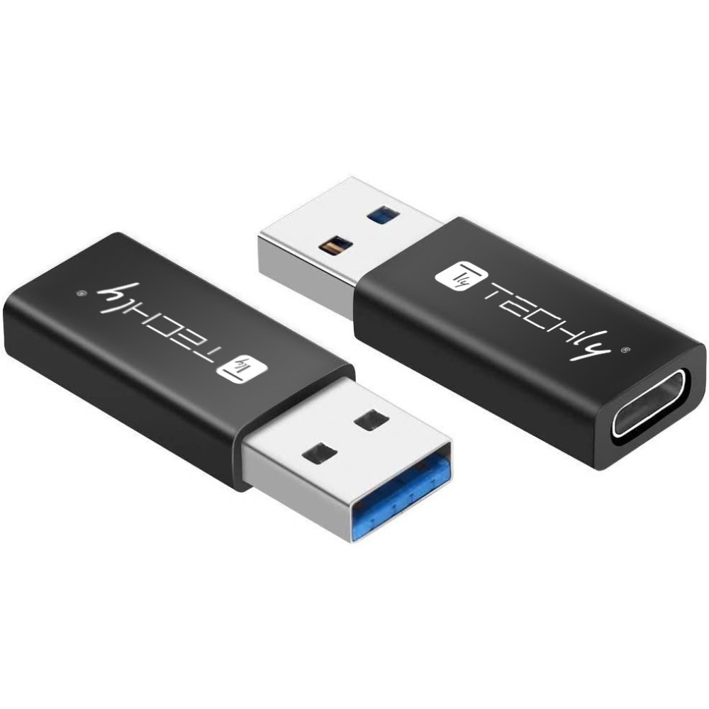 Black Techly IADAP USB3-AFT cable gender changer, featuring a USB-A connector on one end and a USB-C connector on the other, with a sleek, durable design and the Techly logo.