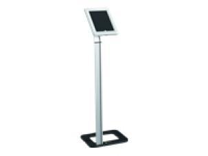 Sleek silver tablet stand with a black base, featuring an adjustable holder for secure tablet display, ideal for presentations or information kiosks.