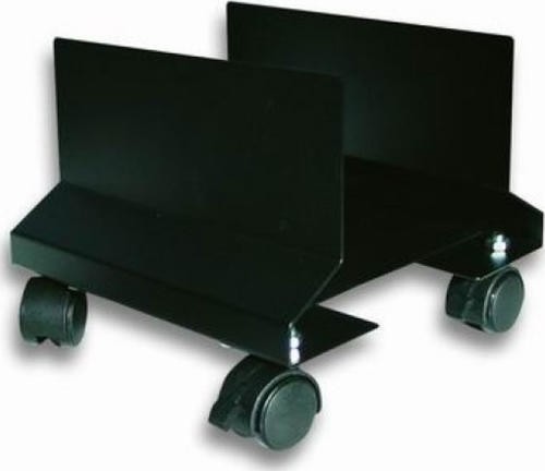 Black multimedia cart with a sturdy metal frame, featuring two elevated side panels and four wheels for easy mobility.