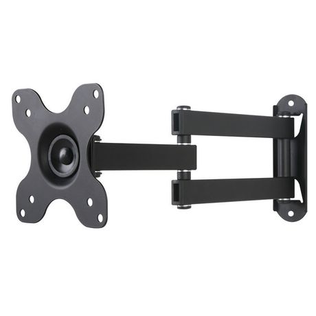 Black metal TV mount with a swivel arm, designed for 30" screens, featuring a four-hole mounting plate and adjustable brackets for optimal viewing angles.