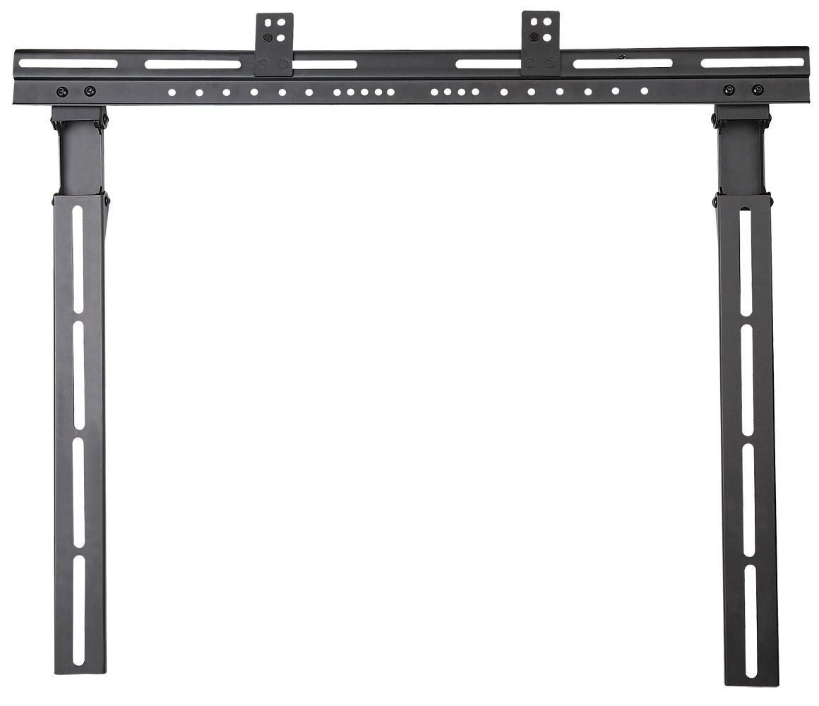Black metal TV mount with adjustable arms and multiple mounting holes for secure installation, designed for wall or stand use.