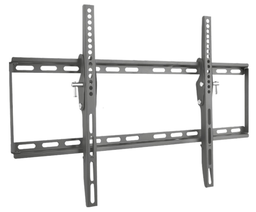 Black metal TV mount with adjustable brackets, designed for screens up to 165.1 cm (65"), featuring multiple mounting holes for secure installation.
