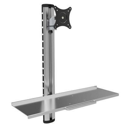 Silver wall-mounted monitor stand with a sleek metal design, featuring a 68.6 cm (27") arm and a sturdy shelf for supporting displays.