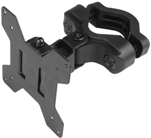 Black adjustable desk mount with a sturdy metal construction, featuring a VESA-compatible plate and a clamp for easy attachment to desks or surfaces.