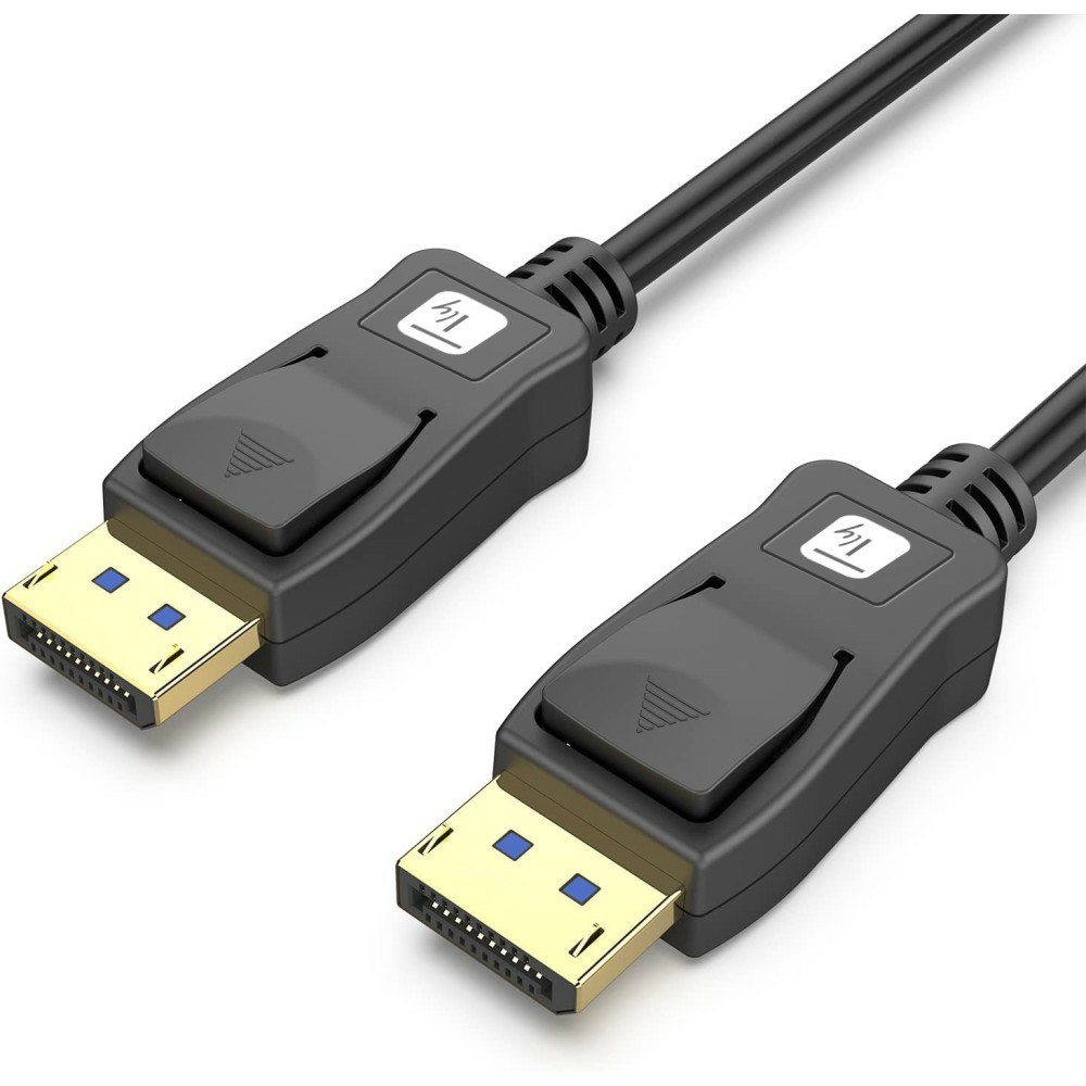 Black 1-meter DisplayPort cable featuring gold-plated connectors and a locking mechanism on both ends for secure connections.