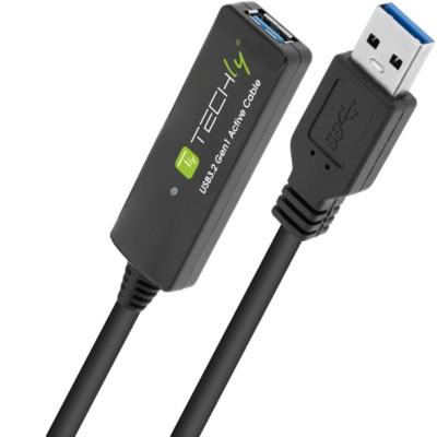 Black Techly USB 3.2 Gen 1 cable, 10 meters long, featuring a USB-A connector with a blue insert and a durable, flexible design for high-speed data transfer.