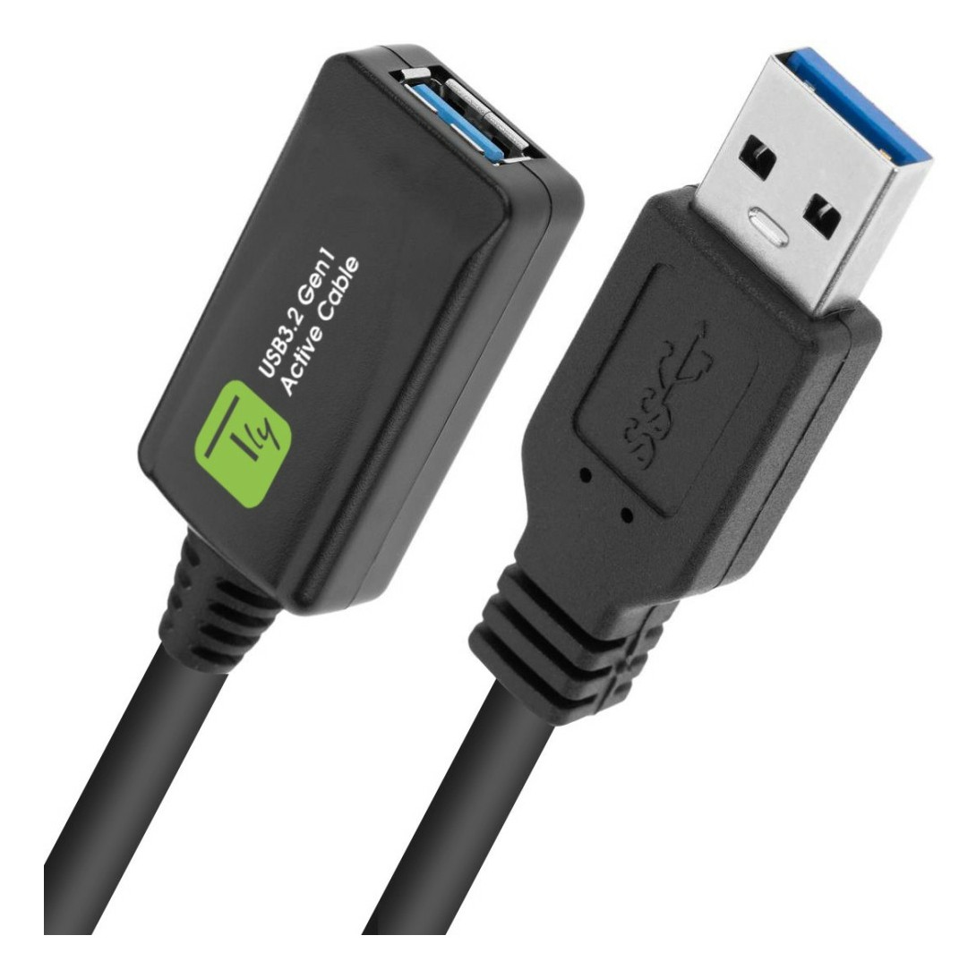 Black USB 3.2 Gen 1 cable, 5 meters long, featuring a USB-A connector on one end and a USB-A port on the other, with a green TECHLY logo on the connector.